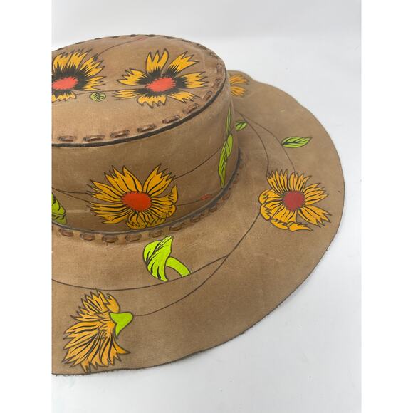 Vintage Leather Stitch Hand Painted Sunflower Wide Brim Ladies Hat ~AMAZING OOAK - Picture 11 of 16